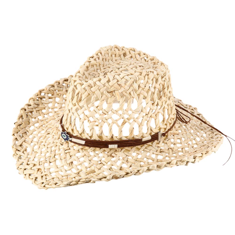 Boho Western Hamsa Hand Accent Band Breathable Woven Cowboy Fedora Sun Hat