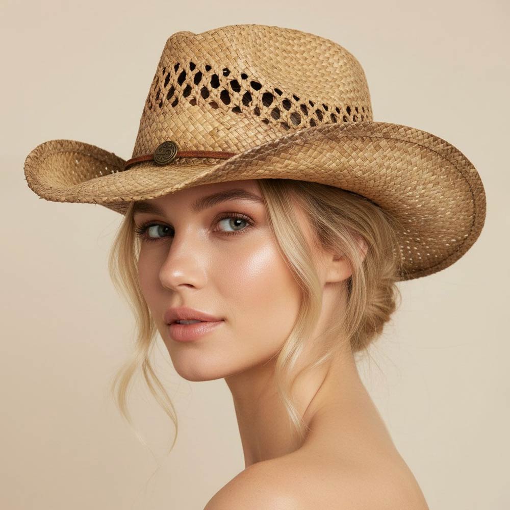 Boho Western Charm Accent Band Breathable Woven Cowboy Fedora Sun Hat