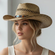 Boho Decorative Accent Band Breathable Woven Cowboy Fedora Sun Hat