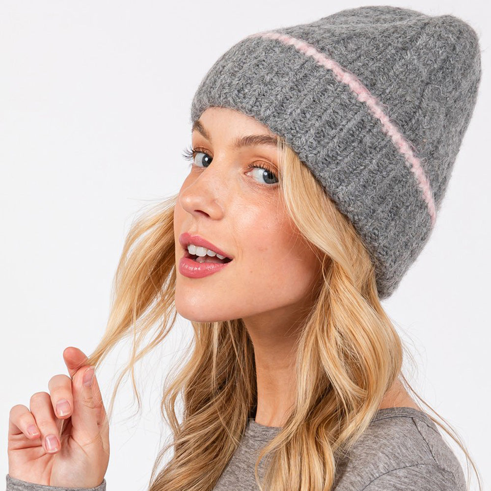 Two Tone Line Detailed Beanie Hat