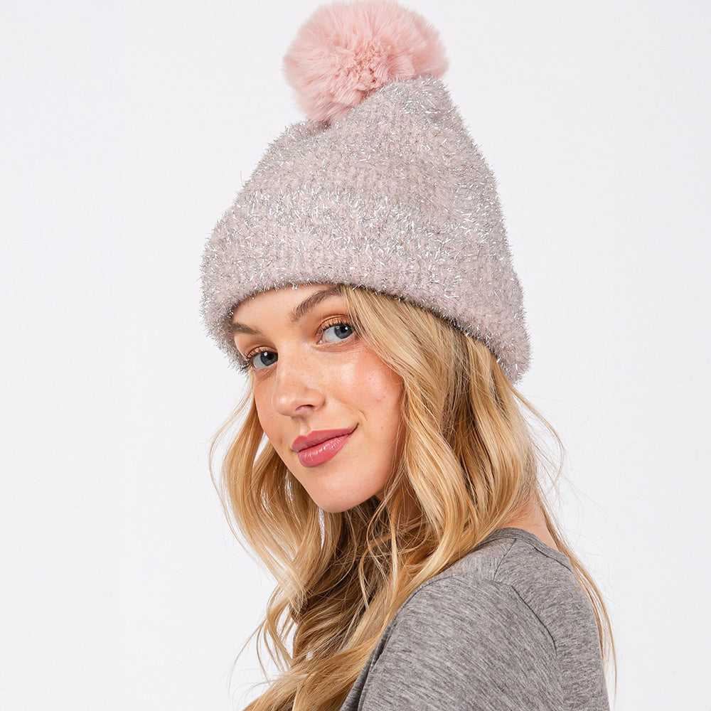 Lurex Mixed Pom Pom Beanie Hat