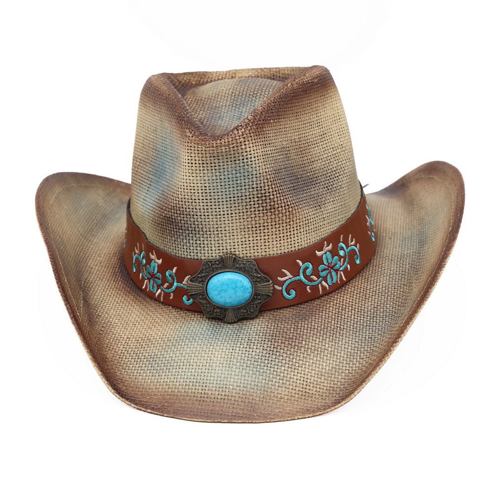 Boho Oval Turquoise Stone Accent Floral Embroidered Band Washed Straw Western Cowboy Hat