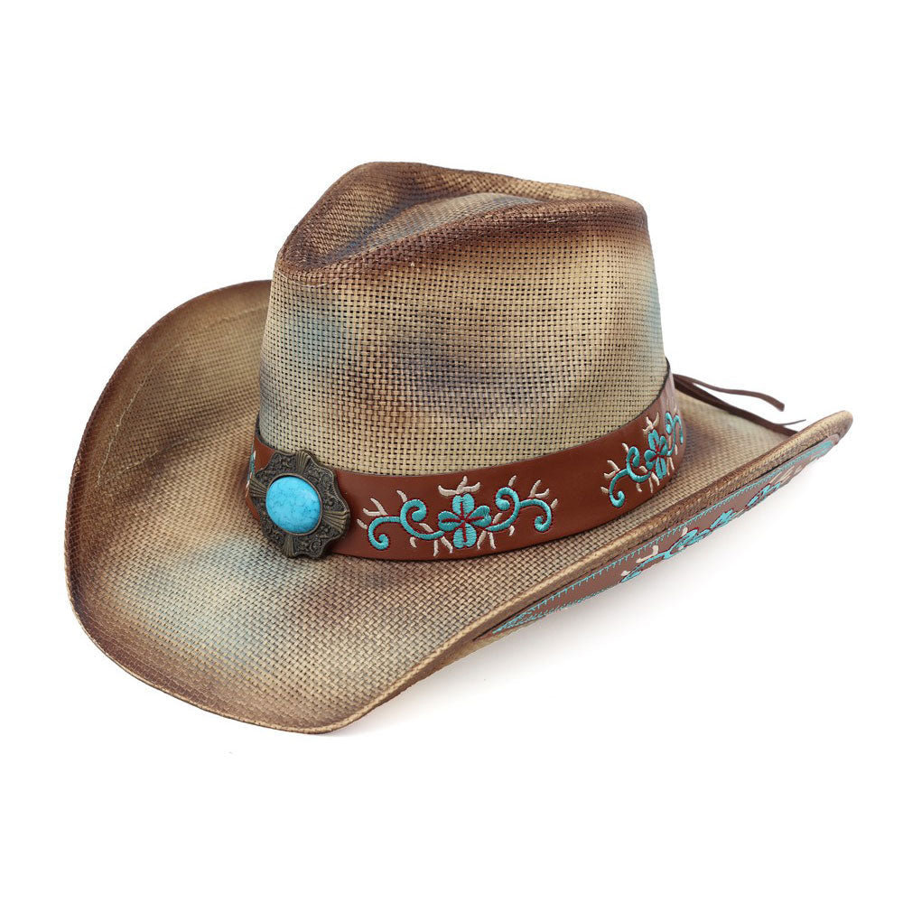 Boho Oval Turquoise Stone Accent Floral Embroidered Band Washed Straw Western Cowboy Hat