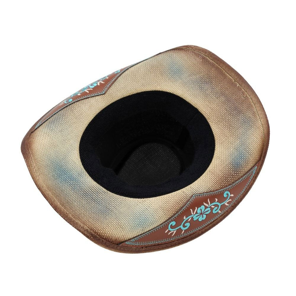 Boho Oval Turquoise Stone Accent Floral Embroidered Band Washed Straw Western Cowboy Hat