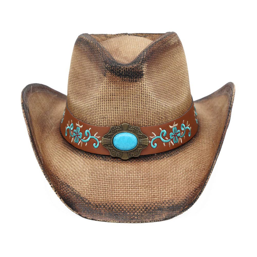 Boho Oval Turquoise Stone Accent Floral Embroidered Band Washed Straw Western Cowboy Hat