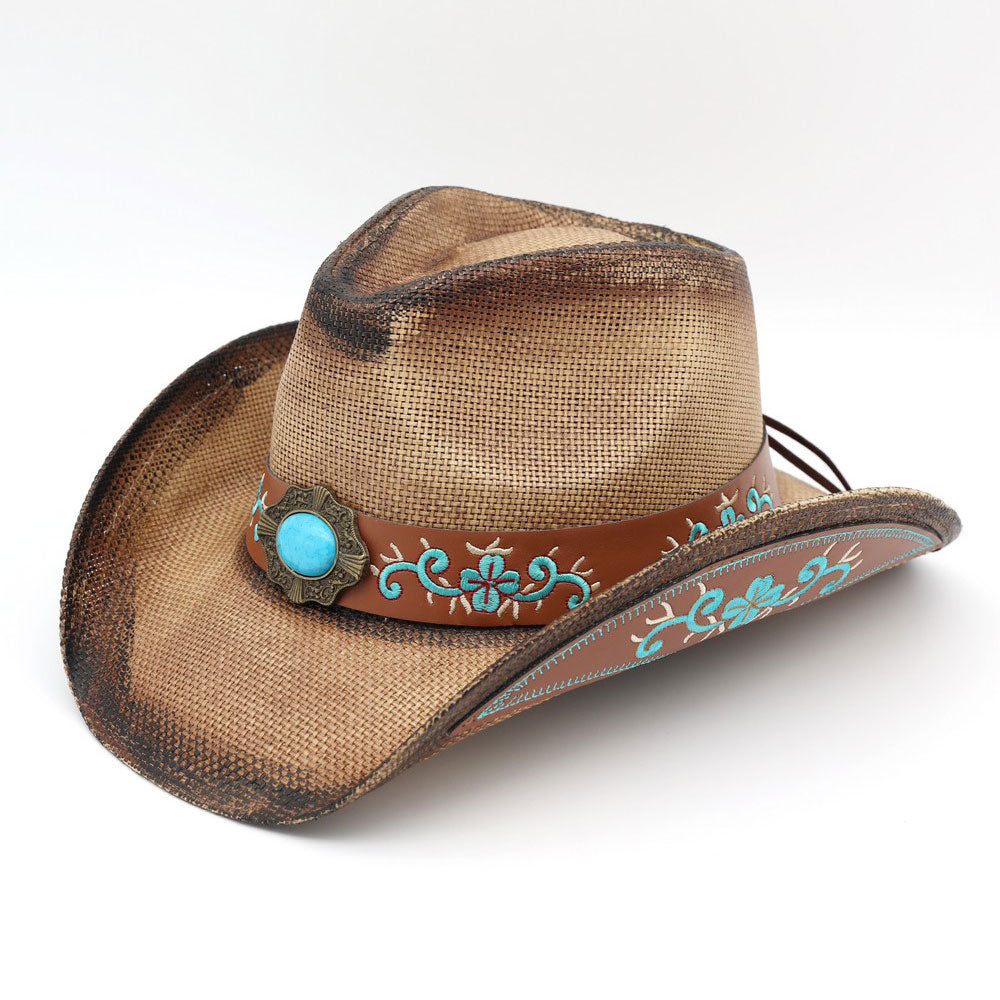 Boho Oval Turquoise Stone Accent Floral Embroidered Band Washed Straw Western Cowboy Hat