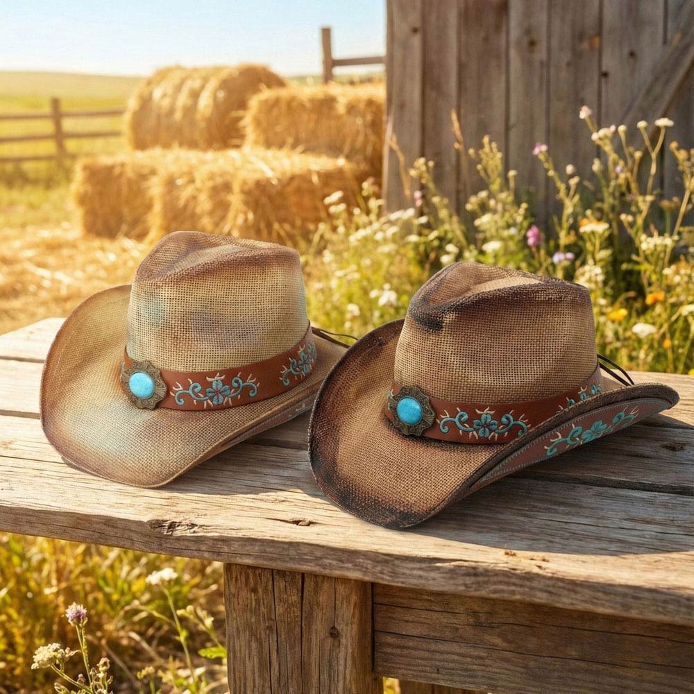 Boho Oval Turquoise Stone Accent Floral Embroidered Band Washed Straw Western Cowboy Hat