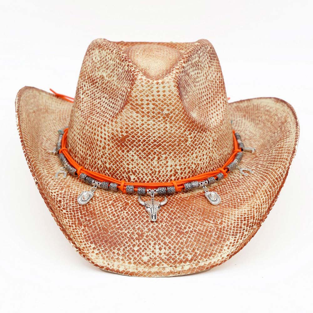 Handmade Vintage Steer Head Cactus Horseshoe Charm Faux Leather Band Western Straw Cowboy Hat
