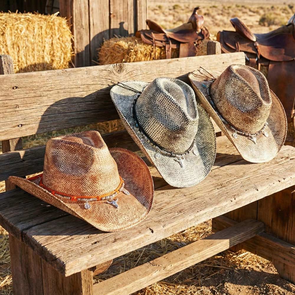 Handmade Vintage Steer Head Cactus Horseshoe Charm Faux Leather Band Western Straw Cowboy Hat