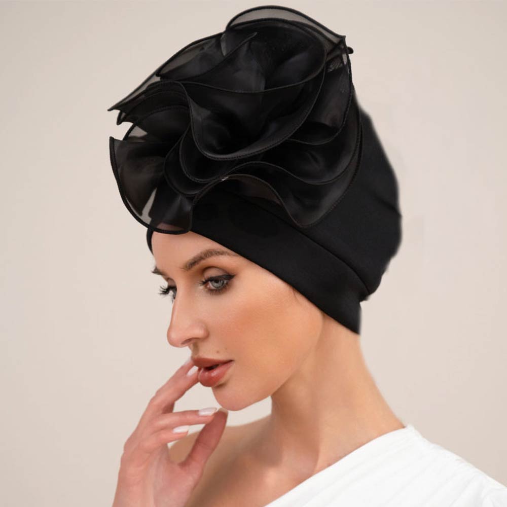Bold Organza Flower Accent Statement Turban Hair Wrap Accessory
