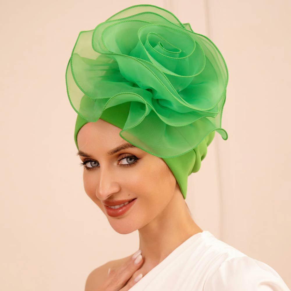 Bold Organza Flower Accent Statement Turban Hair Wrap Accessory
