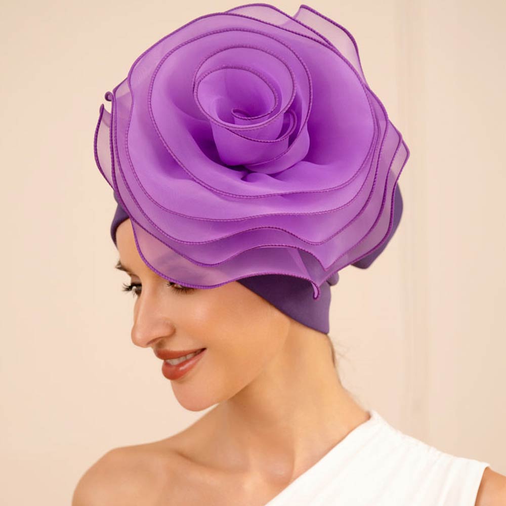 Bold Organza Flower Accent Statement Turban Hair Wrap Accessory