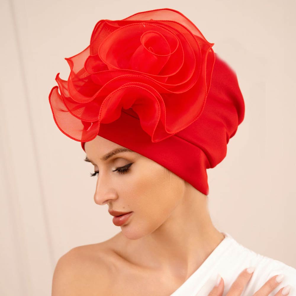 Bold Organza Flower Accent Statement Turban Hair Wrap Accessory