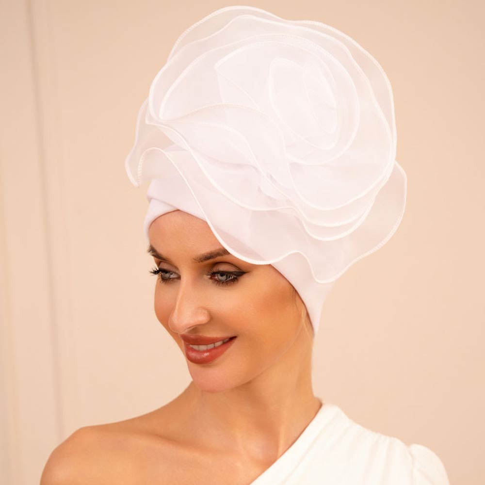 Bold Organza Flower Accent Statement Turban Hair Wrap Accessory