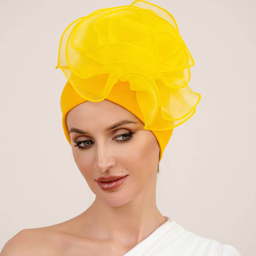 Bold Organza Flower Accent Statement Turban Hair Wrap Accessory
