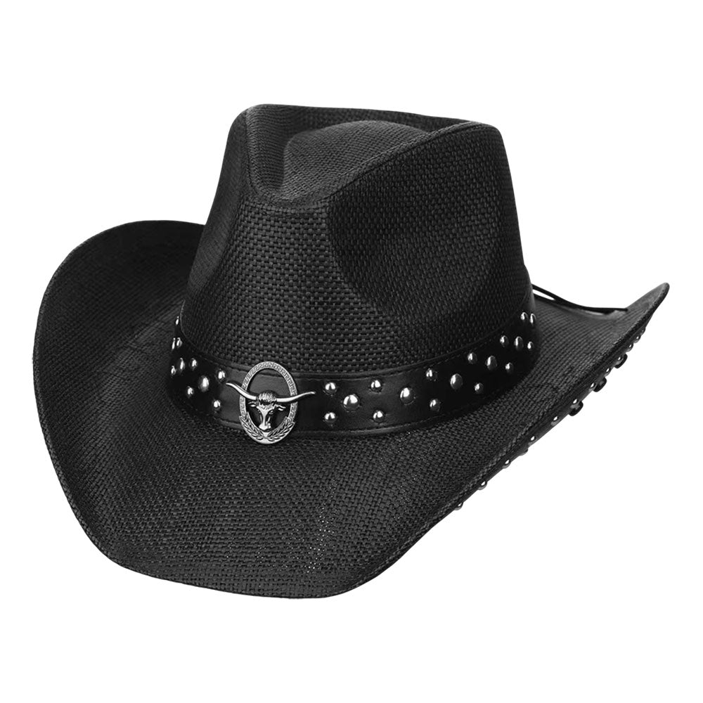Metal Steer Head Emblem Studded Faux Leather Band Western Straw Cowboy Fedora Hat