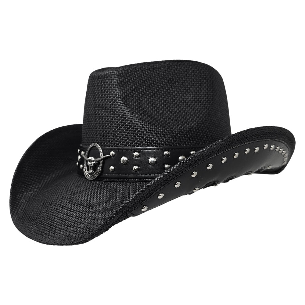 Metal Steer Head Emblem Studded Faux Leather Band Western Straw Cowboy Fedora Hat