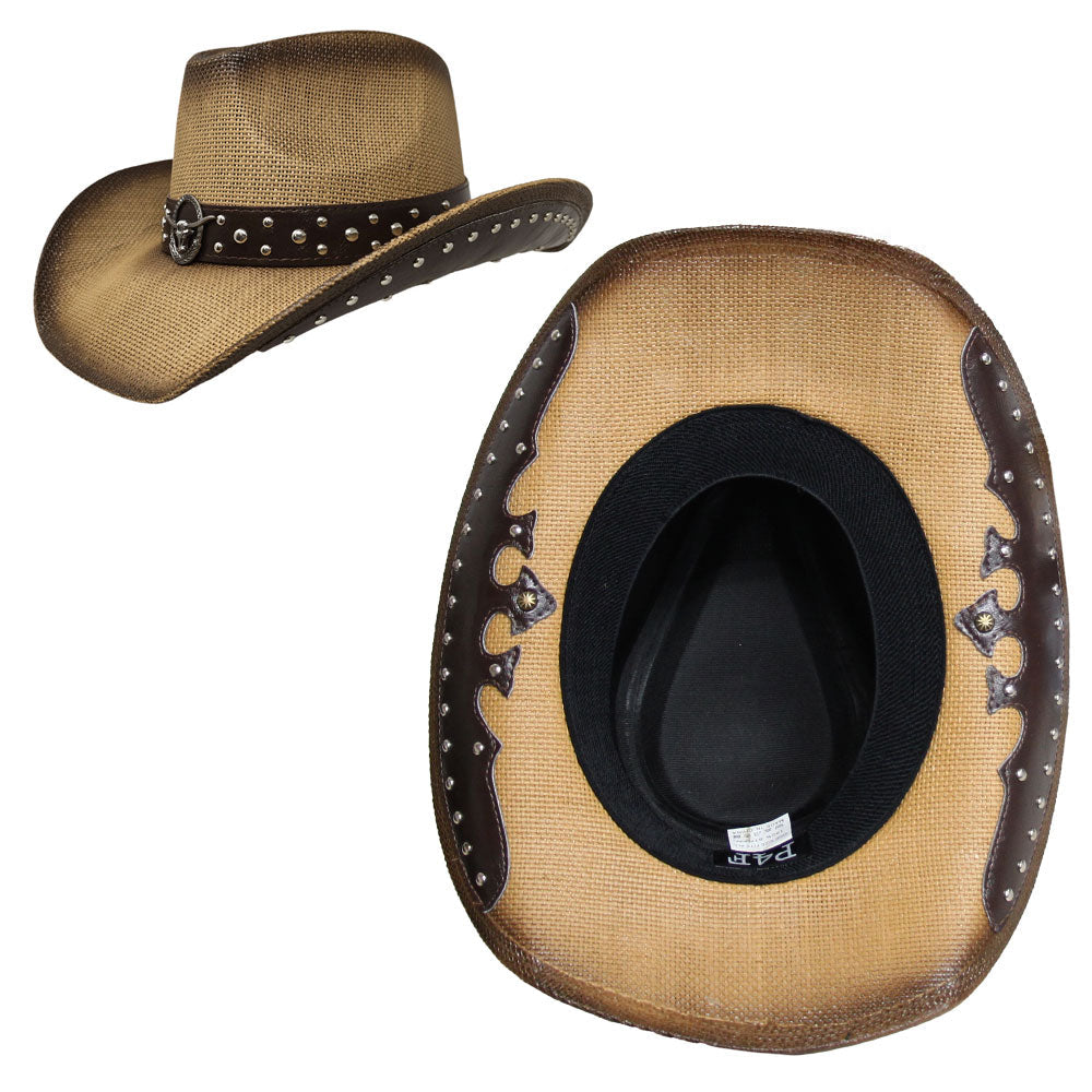 Metal Steer Head Emblem Studded Faux Leather Band Western Straw Cowboy Fedora Hat