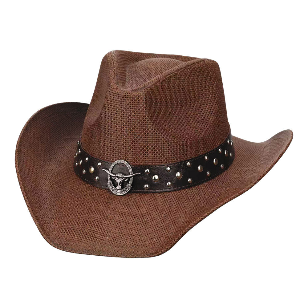 Metal Steer Head Emblem Studded Faux Leather Band Western Straw Cowboy Fedora Hat