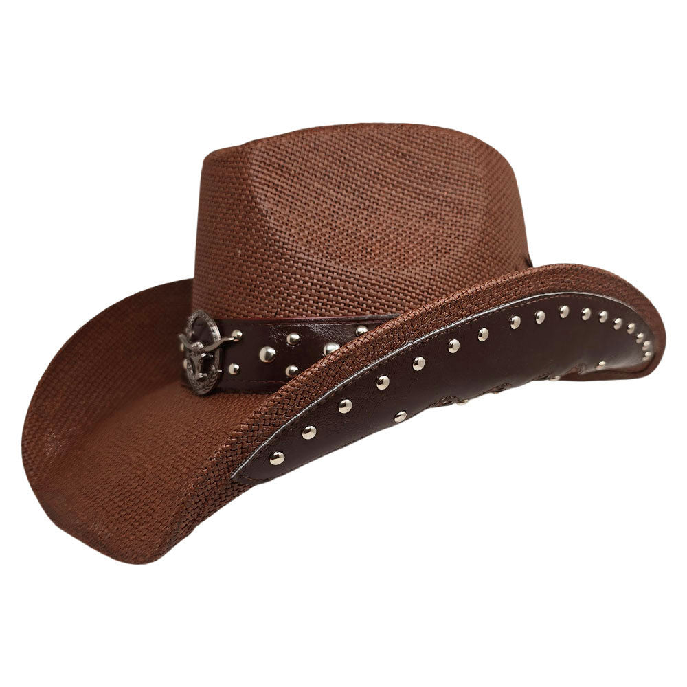 Metal Steer Head Emblem Studded Faux Leather Band Western Straw Cowboy Fedora Hat