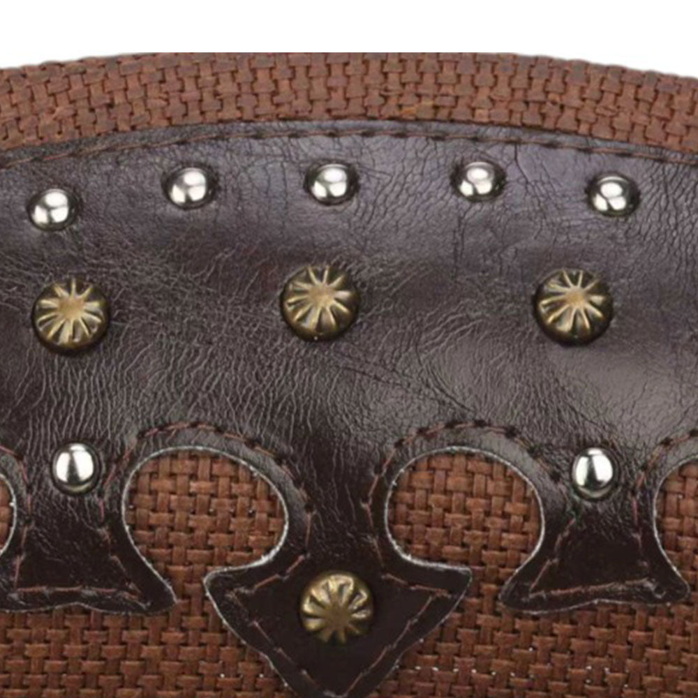 Metal Steer Head Emblem Studded Faux Leather Band Western Straw Cowboy Fedora Hat
