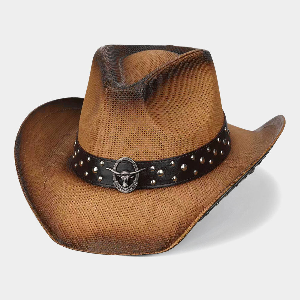 Metal Steer Head Emblem Studded Faux Leather Band Western Straw Cowboy Fedora Hat