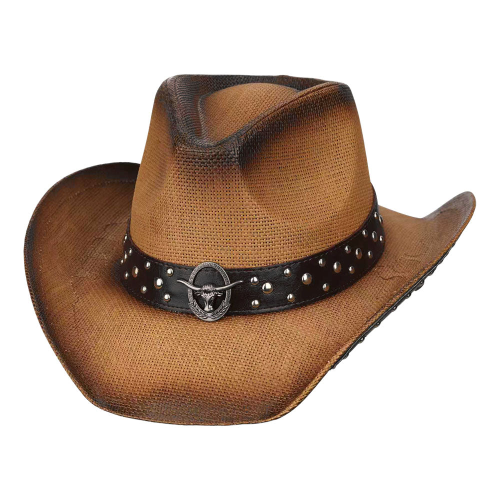 Metal Steer Head Emblem Studded Faux Leather Band Western Straw Cowboy Fedora Hat