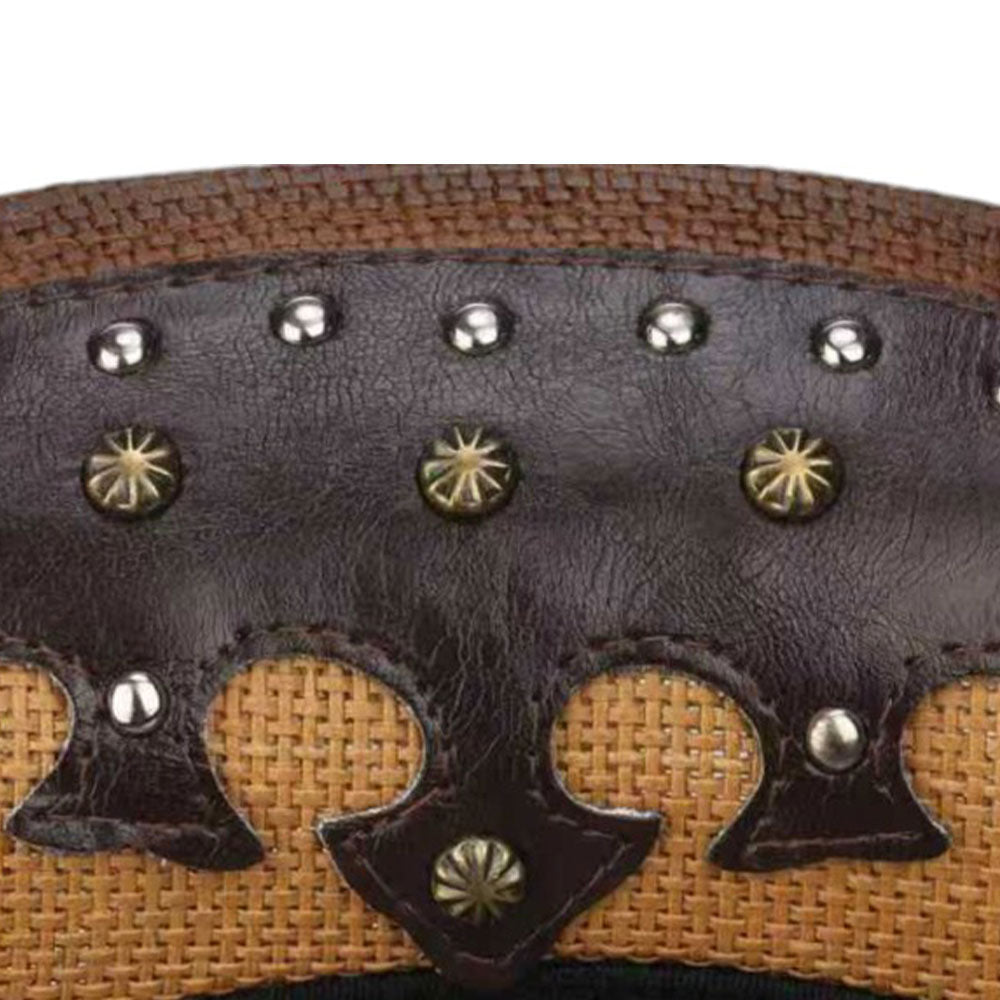 Metal Steer Head Emblem Studded Faux Leather Band Western Straw Cowboy Fedora Hat