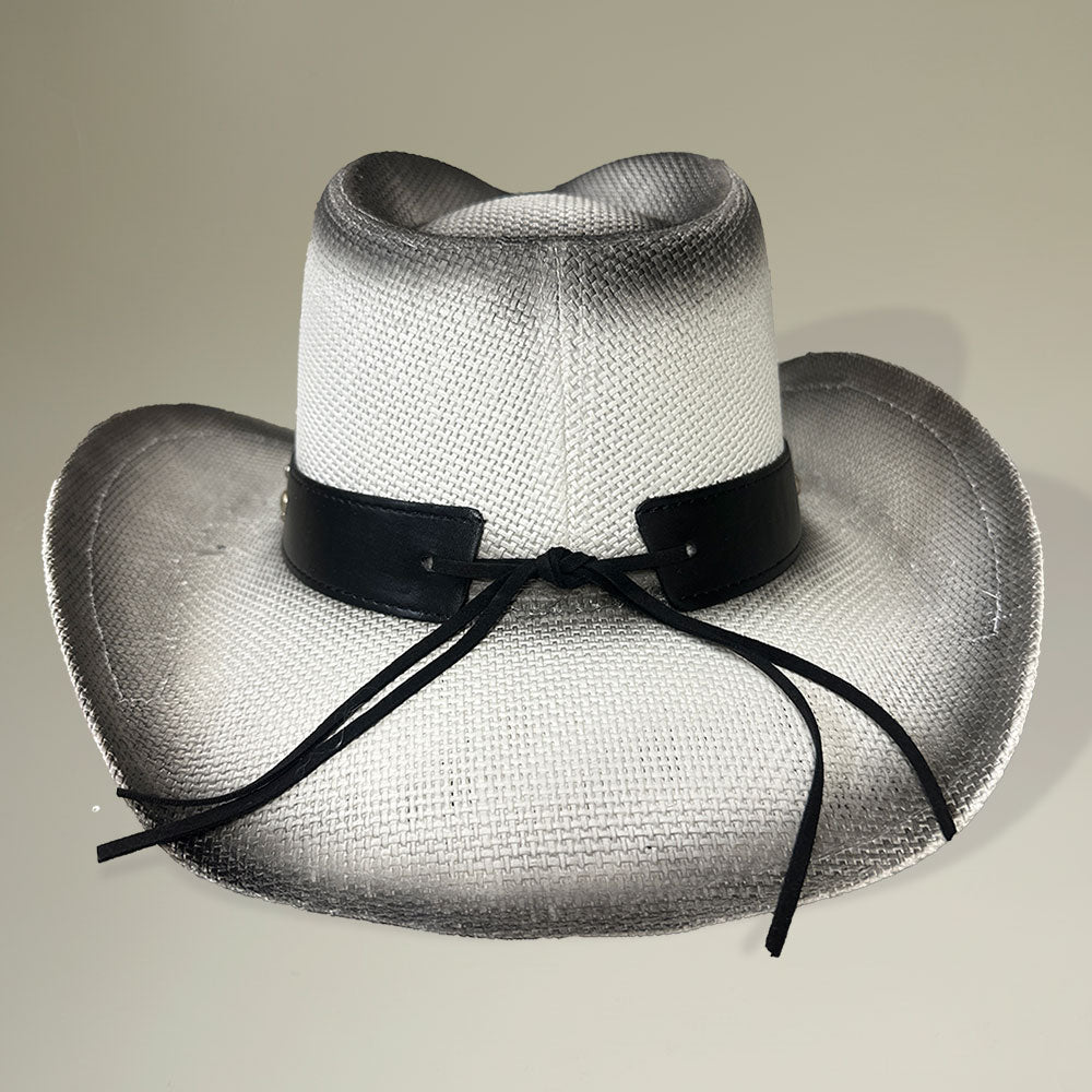 Metal Steer Head Emblem Studded Faux Leather Band Western Straw Cowboy Fedora Hat