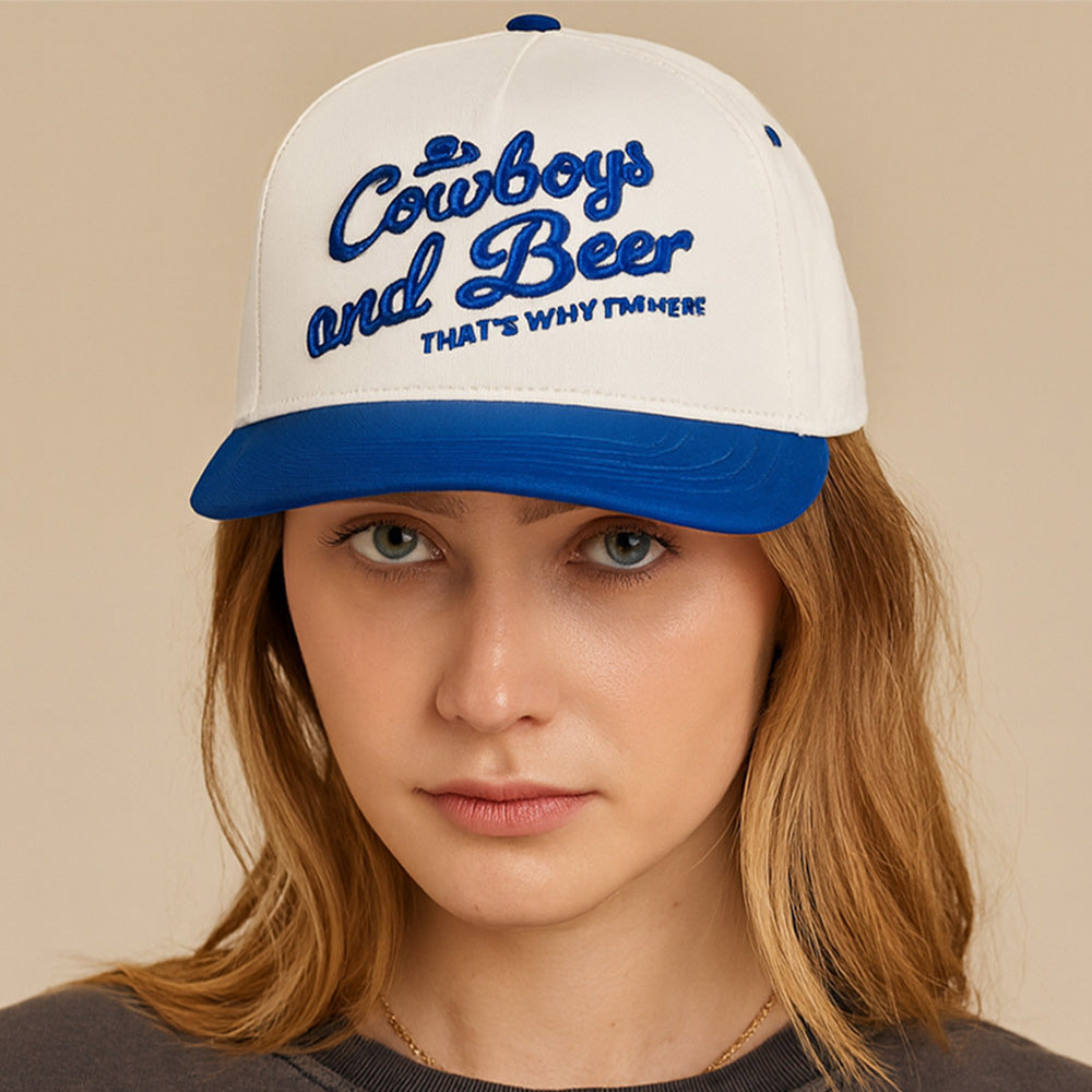 COWBOY AND BEER Message Embroidered Five Panel Canvas Snapback Baseball Cap