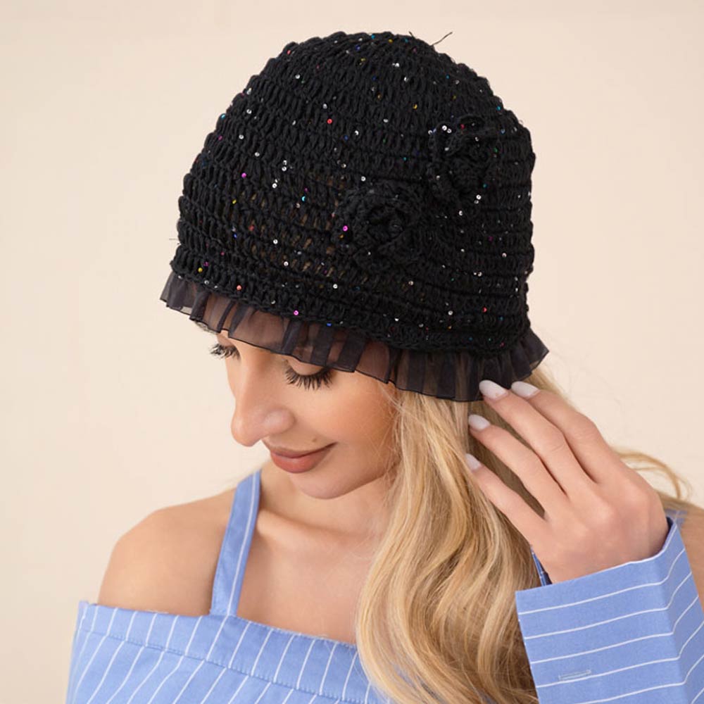 Ruffle Trim Rhinestone Embellished Floral Crochet Cloche Hat