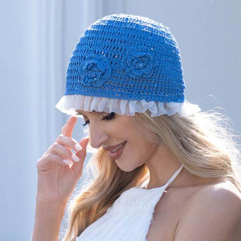 Ruffle Trim Rhinestone Embellished Floral Crochet Cloche Hat