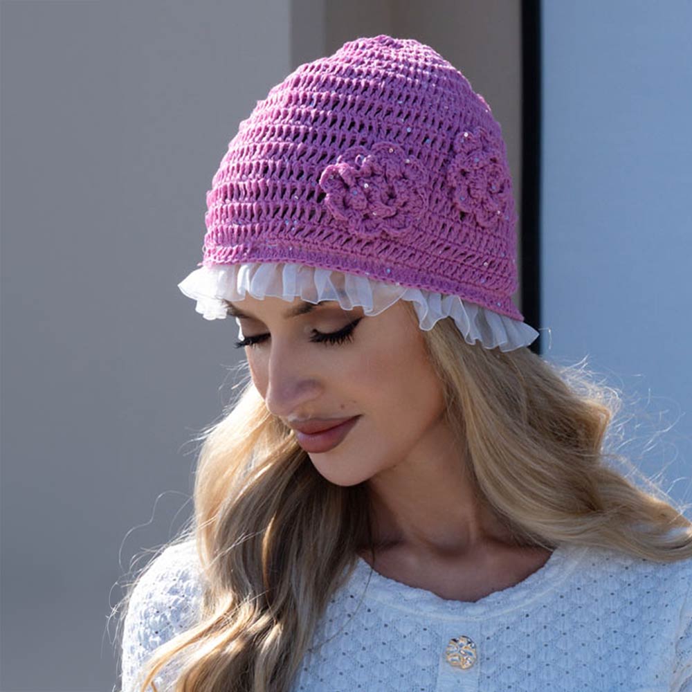 Ruffle Trim Rhinestone Embellished Floral Crochet Cloche Hat