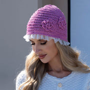 Ruffle Trim Rhinestone Embellished Floral Crochet Cloche Hat