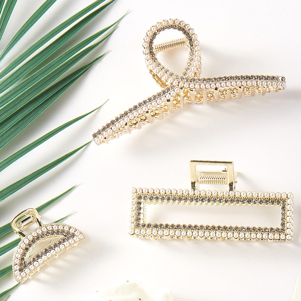 3PCS - Geometric Rhinestone Pearl Embellished Hair Claw Clip Set