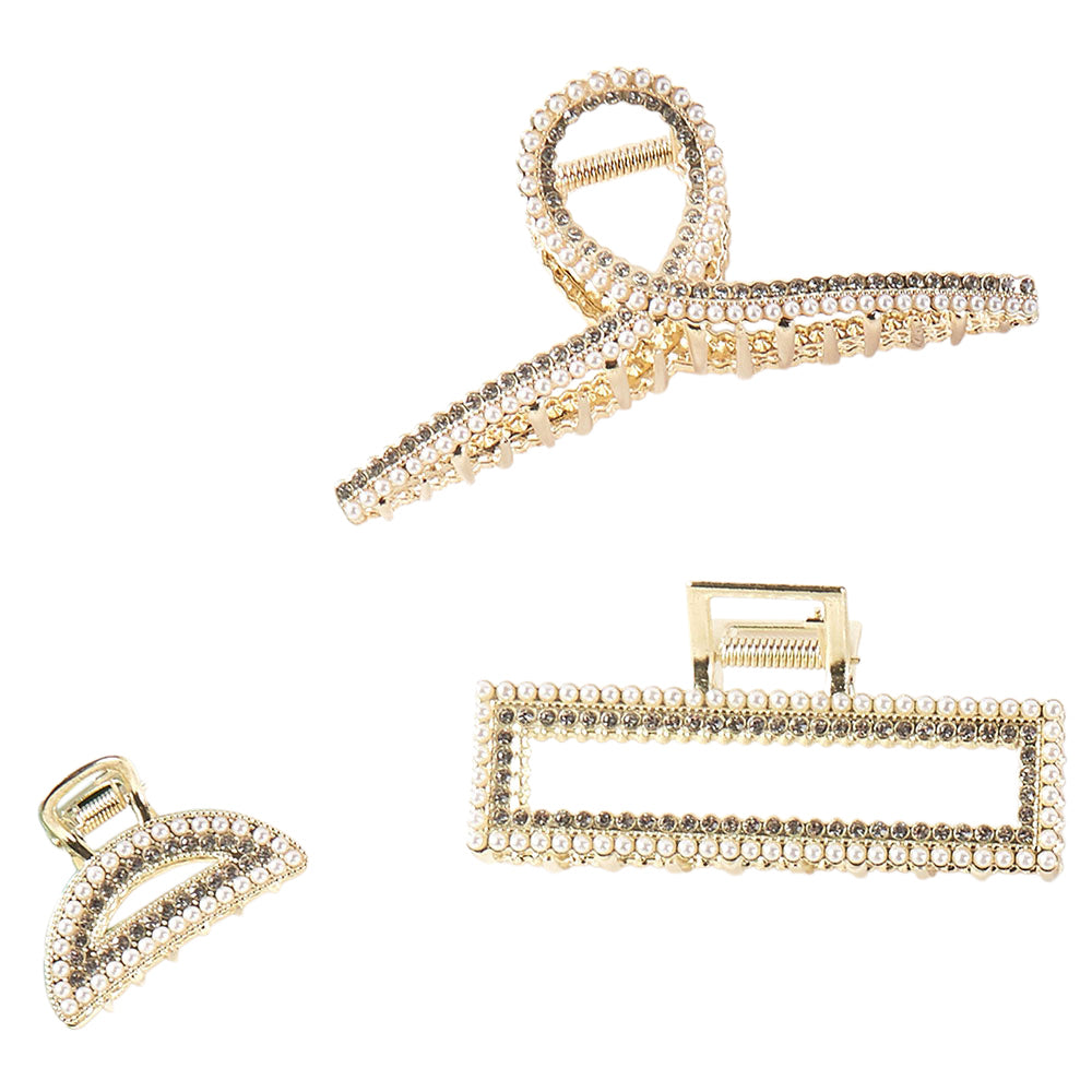3PCS - Geometric Rhinestone Pearl Embellished Hair Claw Clip Set