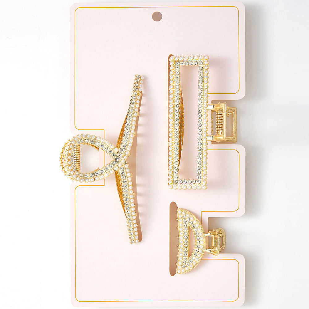 3PCS - Geometric Rhinestone Pearl Embellished Hair Claw Clip Set