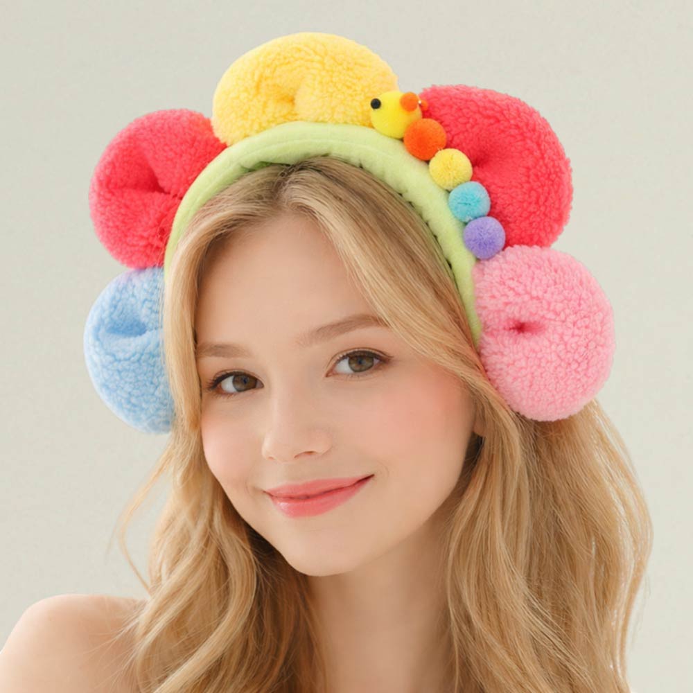 Plush Floral Caterpillar Pom Headband