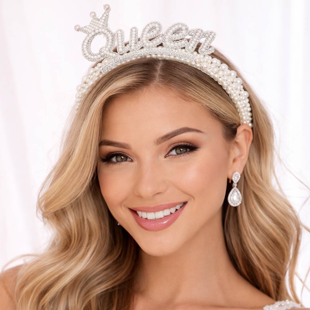 Pearl Embellished QUEEN Crown Statement Headband