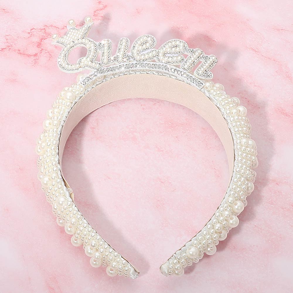 Pearl Embellished QUEEN Crown Statement Headband