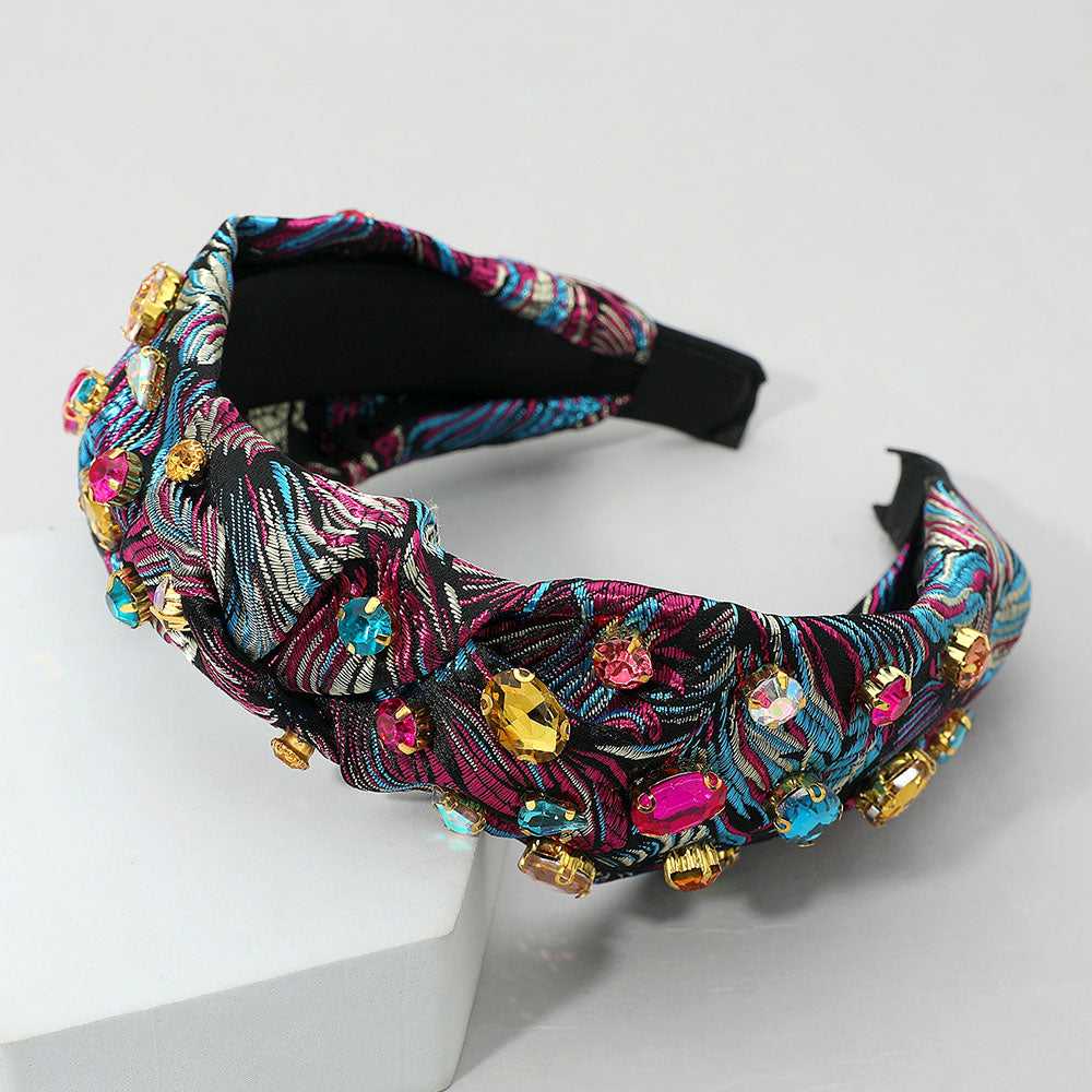 Oval Round Stone Cluster Embellished Jacquard Knot Headband