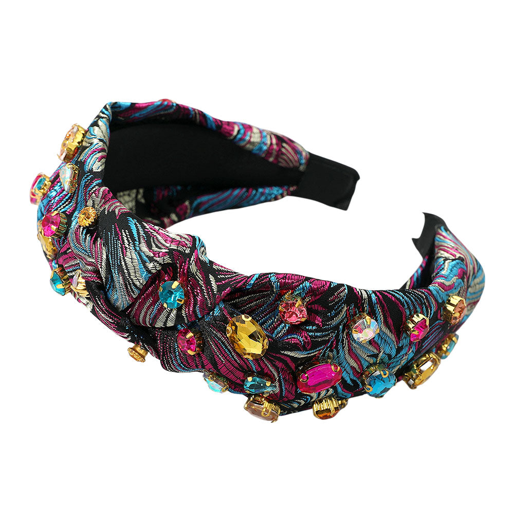 Oval Round Stone Cluster Embellished Jacquard Knot Headband