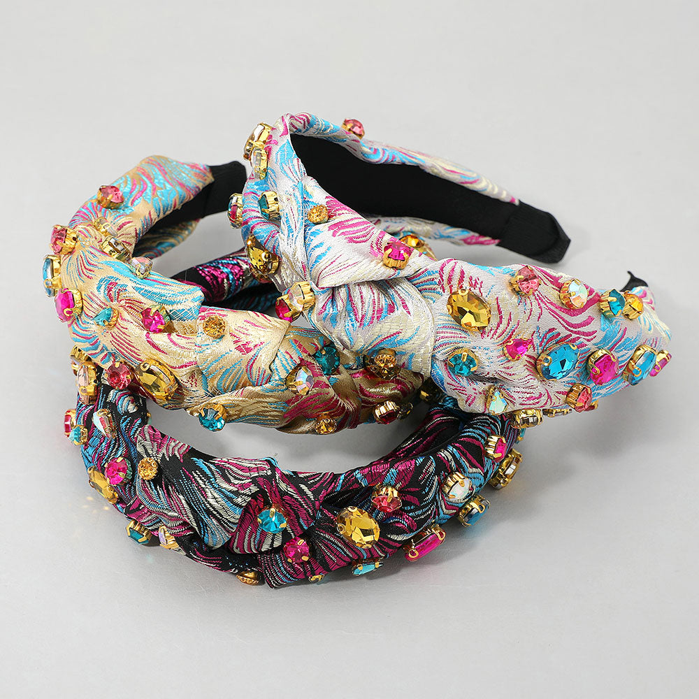 Oval Round Stone Cluster Embellished Jacquard Knot Headband