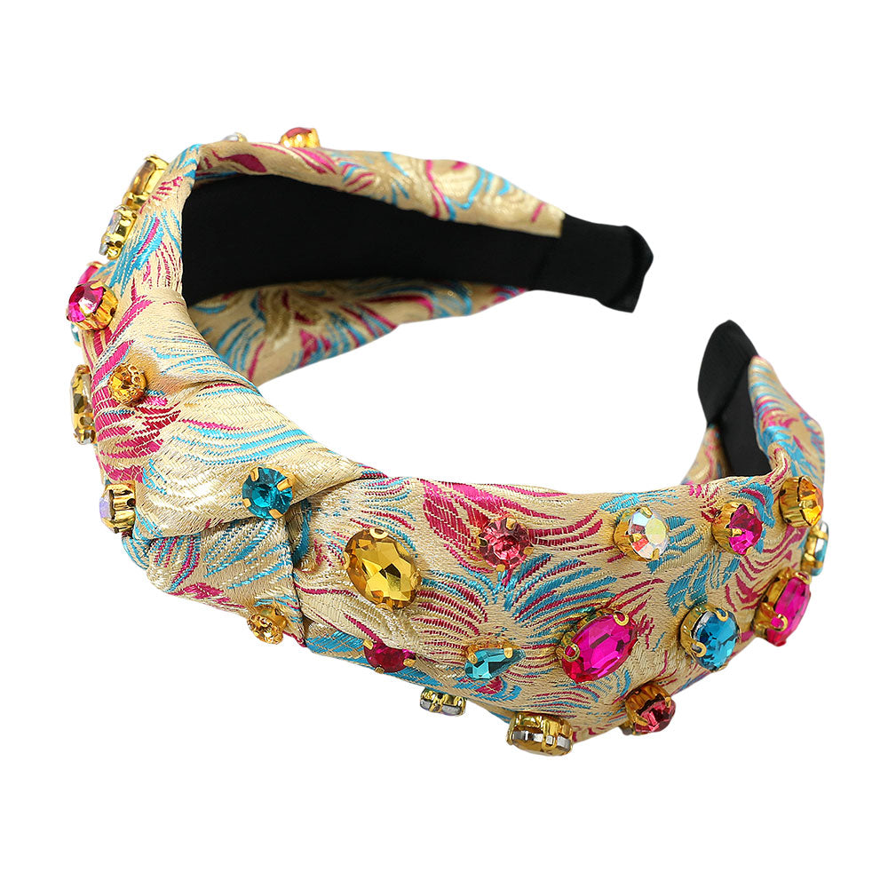 Oval Round Stone Cluster Embellished Jacquard Knot Headband