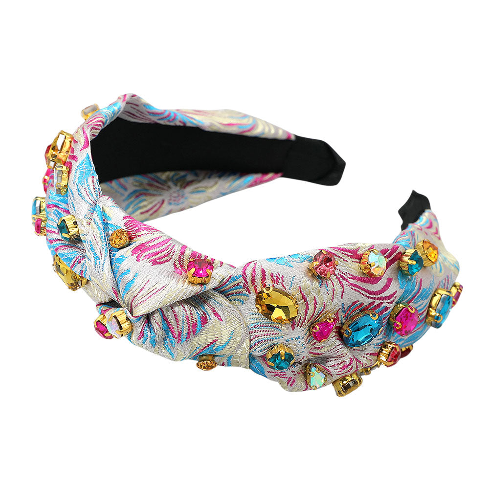 Oval Round Stone Cluster Embellished Jacquard Knot Headband