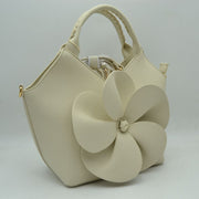 3D Flower Accent Winged Top-Handle Satchel Bag with Detachable Crossbody Strap