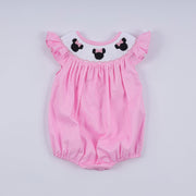 Pink character hand smocked dot ruffle bubble