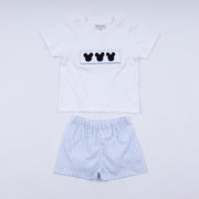Blue character hand smocked gingham shorts set