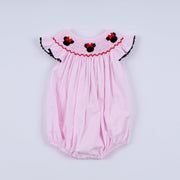 Red character hand smocked plaid ruffle bubble