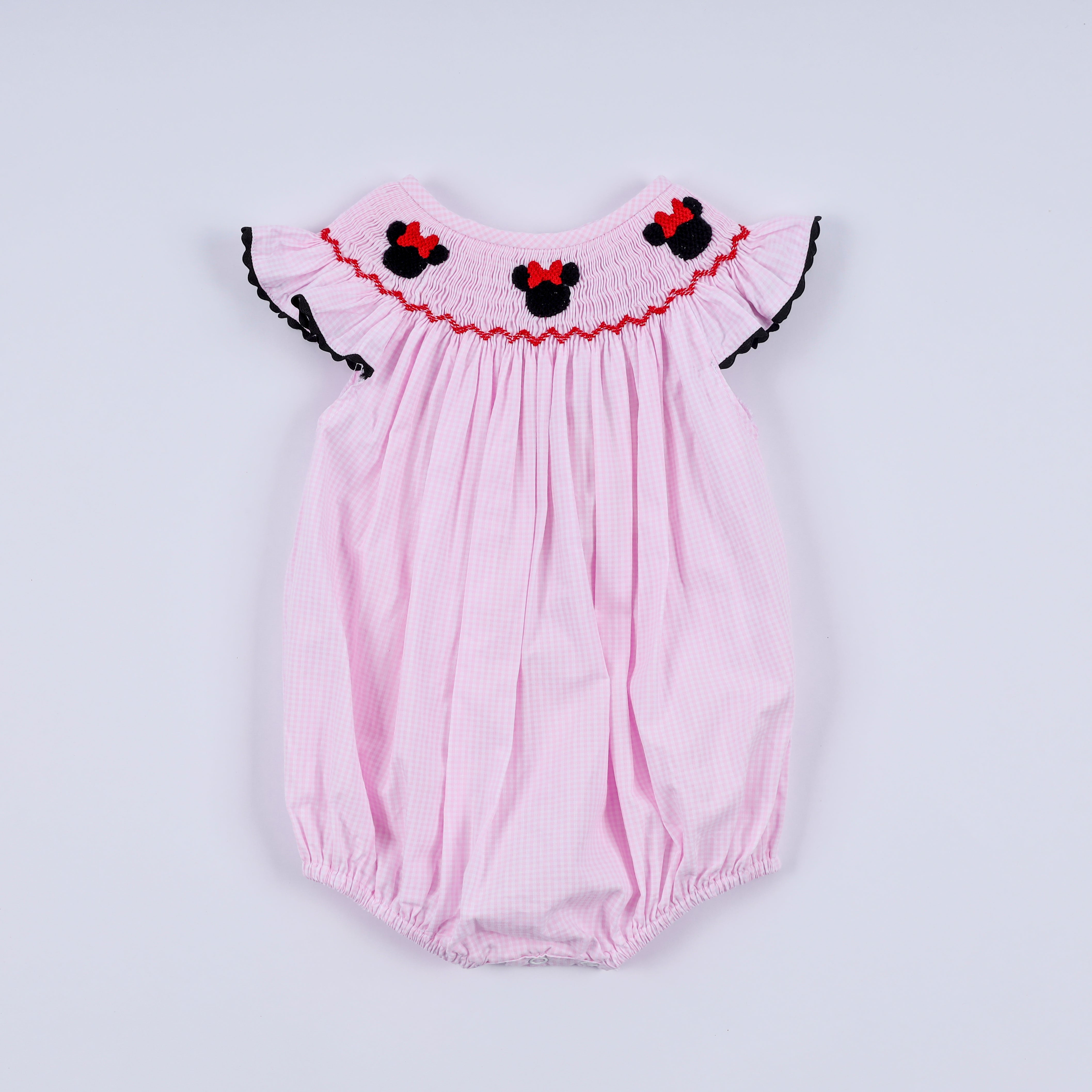 Red character hand smocked plaid ruffle bubble